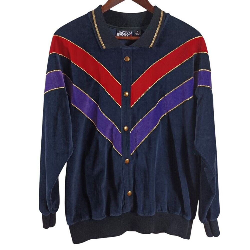 Vtg Velour Mod Blue Retro Jaclyn Sport Track Sweater Sweatshirt Sz L Faux Button